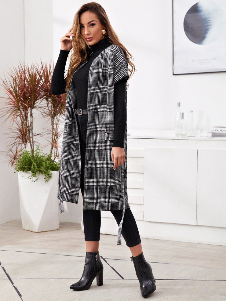 Batwing Sleeve Houndstooth Pattern Belted Cardigan