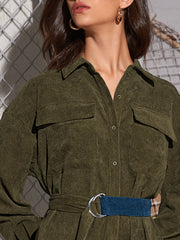Flap Pocket Buckle Colorblock Belted Corduroy Jumpsuit