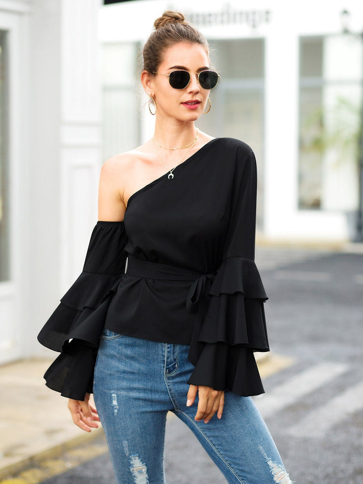 Asymmetric Neck Layered Sleeve Belted Top