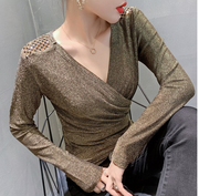 Fall Winter European Clothes T-Shirt Women Fashion Sexy V-Neck Cross Shiny Dimoands Tops Ropa Mujer Bright Gold Tees New T09308L