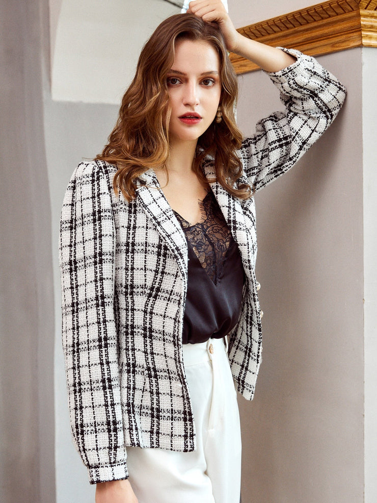 Simplee Button Front Buckle Belted Plaid Tweed Blazer