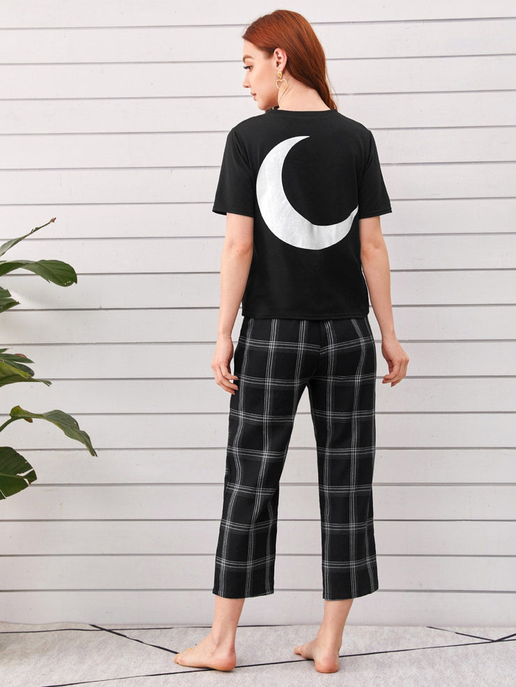 Moon Print Tee & Plaid Pants PJ Set