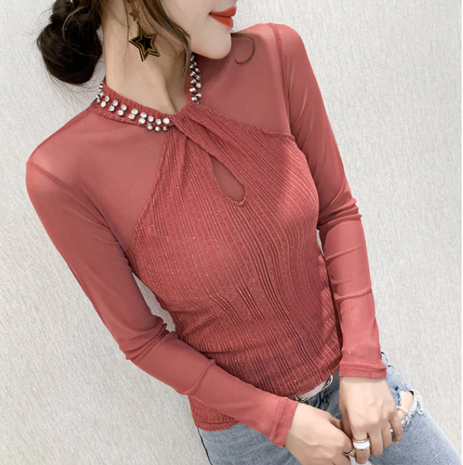 New 2020 Autumn Long Sleeve Women T-shirts Fashion Sexy Mesh tops Beaded Solid Color Woman tshirts Plus Size blusas