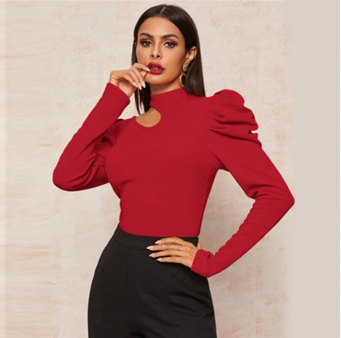 SHEIN Black Solid Stand Collar Cut Out Elegant Blouse Women Top 2019 Autumn Leg-Of-Mutton Sleeve Button Back Form Fitted Blouses