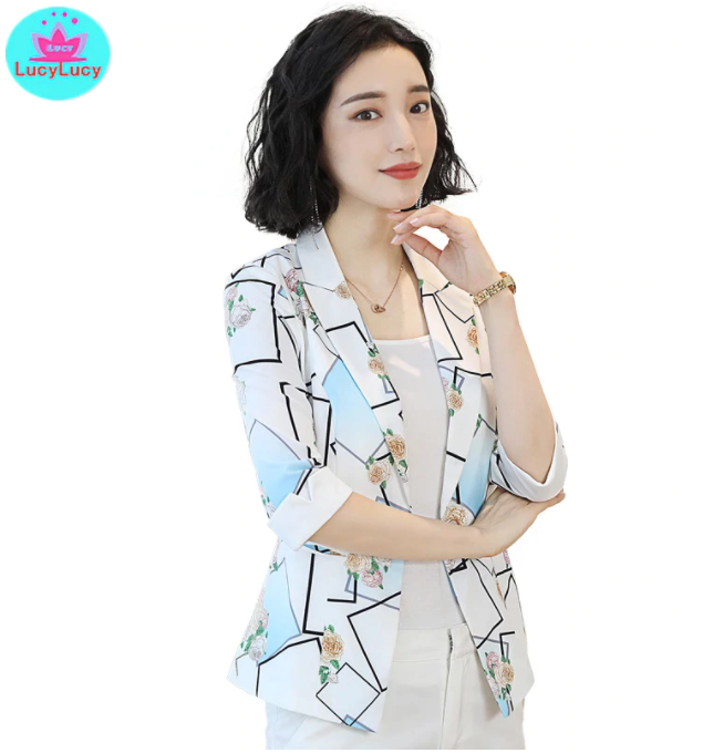 2019 Korean version of the new slim print seven-point sleeve summer small suit jacket