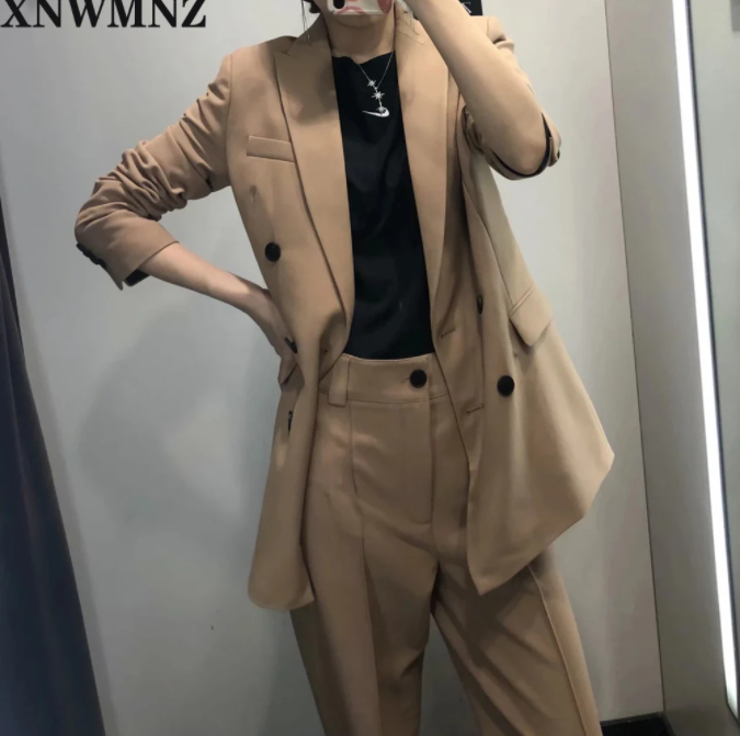 XNWMNZ Za Women 2020 Fashion Double Breasted Solid Blazer Coat Vintage Long Sleeve Pockets Female Outerwear Chic Tops