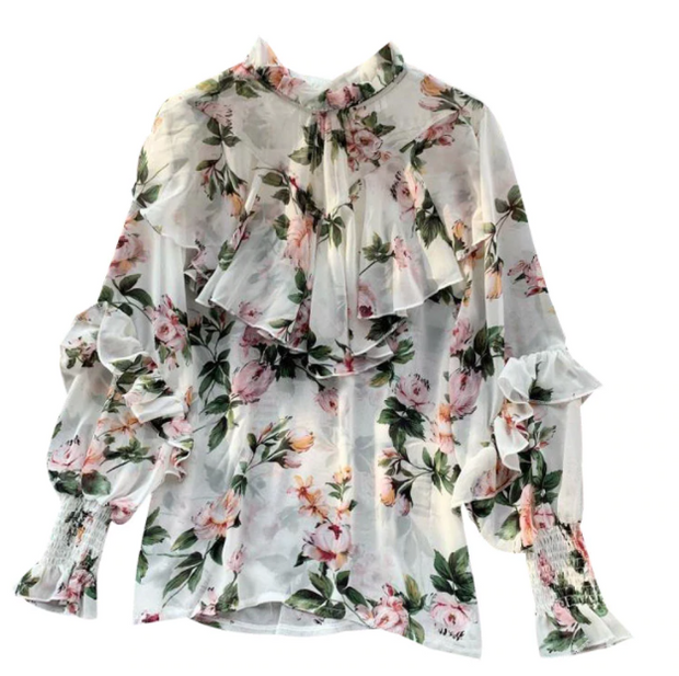 Women's Chiffon Shirt Spring Autumn Sweet Printing Stand Collar Long Sleeve Shirt Bottoming Tops Women Shirts Blouses GD252