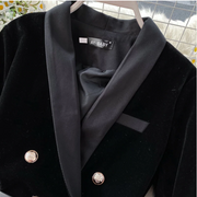 Autumn Winter British Elegant Double Breasted Suit Blazer Medium Long Retro Velvet Jacket